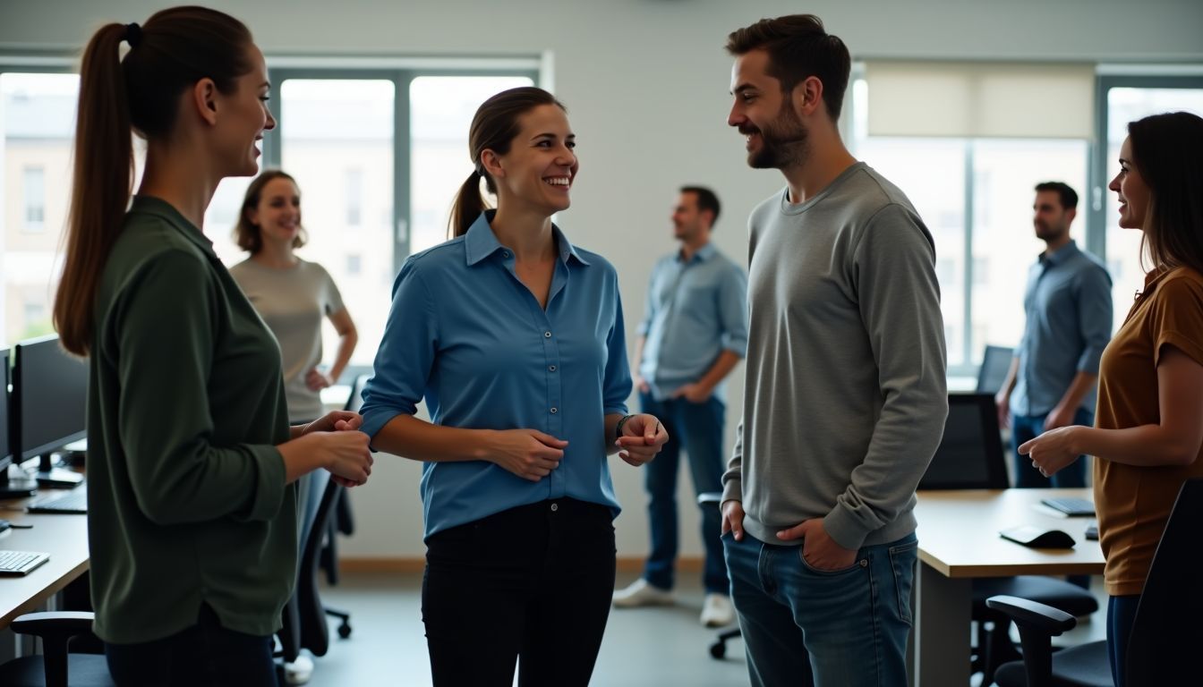 Employees in a diverse office engaged in a workplace wellness program.