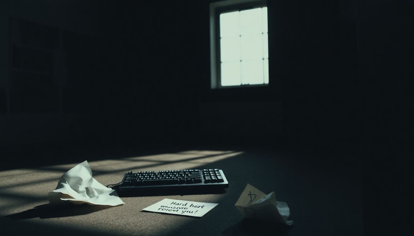 An abandoned office with broken keyboard and crumpled paper.