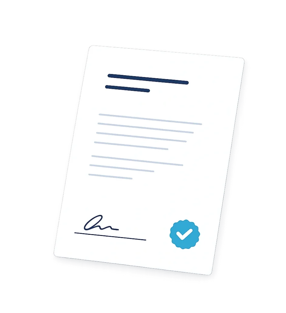 http://Tilted%20signed%20document%20with%20a%20blue%20checkmark%20seal%20at%20the%20bottom%20right,%20and%20a%20signature%20line%20on%20the%20left.